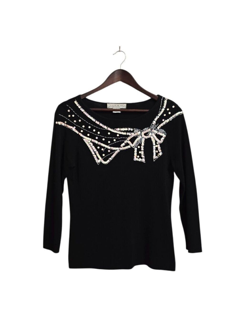 Lucia Burns Vintage Black Beaded Sequin Bow Detail 3/4 Sleeve Top Sz M